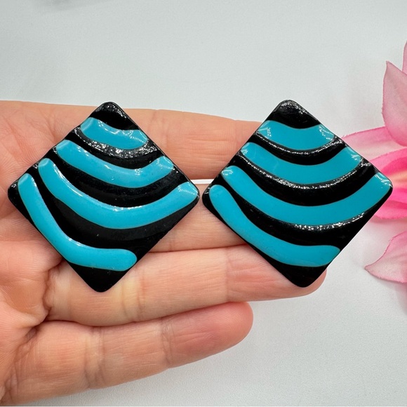 Vintage Jewelry - Huge 80s Retro Diamond Clip On Earrings Metallic Enamel Black Blue Statement Fun